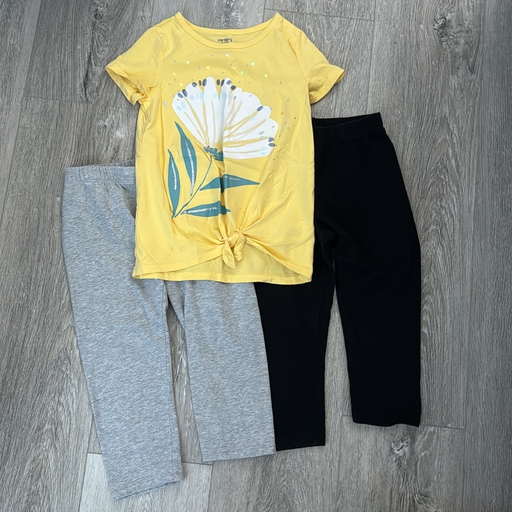NWOT Carter’s Yellow Shirt & 2 Pairs of Thereabouts Capris Black&Gray Size 6/6X